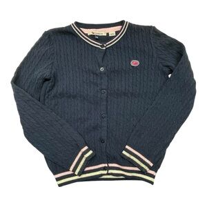 Ferrini Girl Navy Cable Knit Cardigan with Pink and Yellow Strip Accents Size 10